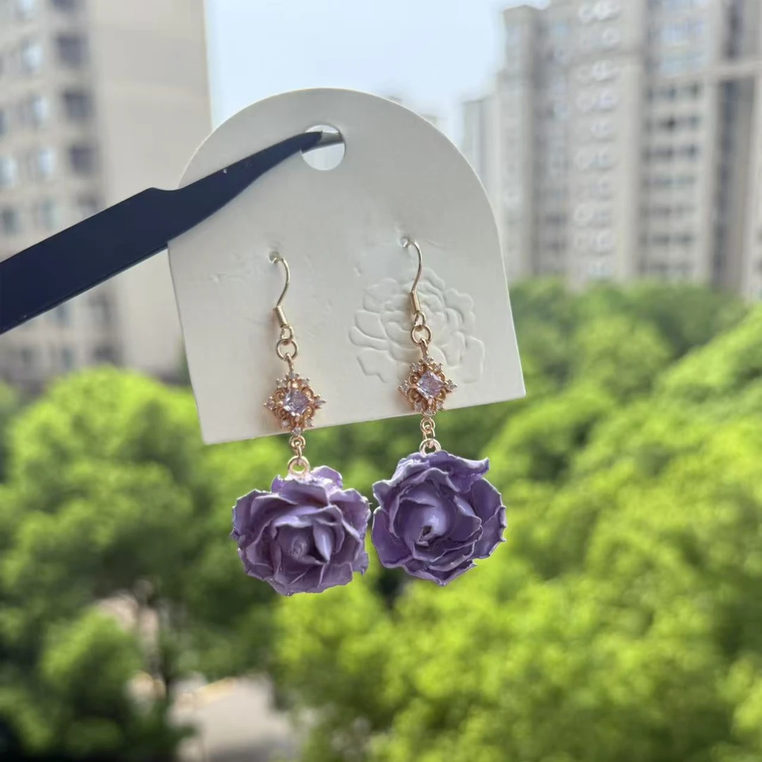 合金树脂耳饰 女轻奢风酒红色耳钉时尚金色耳饰饰品玫瑰千金风