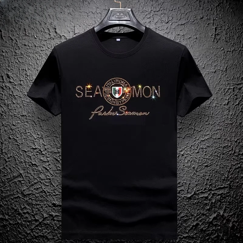 佩托本那夏季男士烫钻短袖T恤个性丝光棉时尚休闲半袖高端百搭潮T