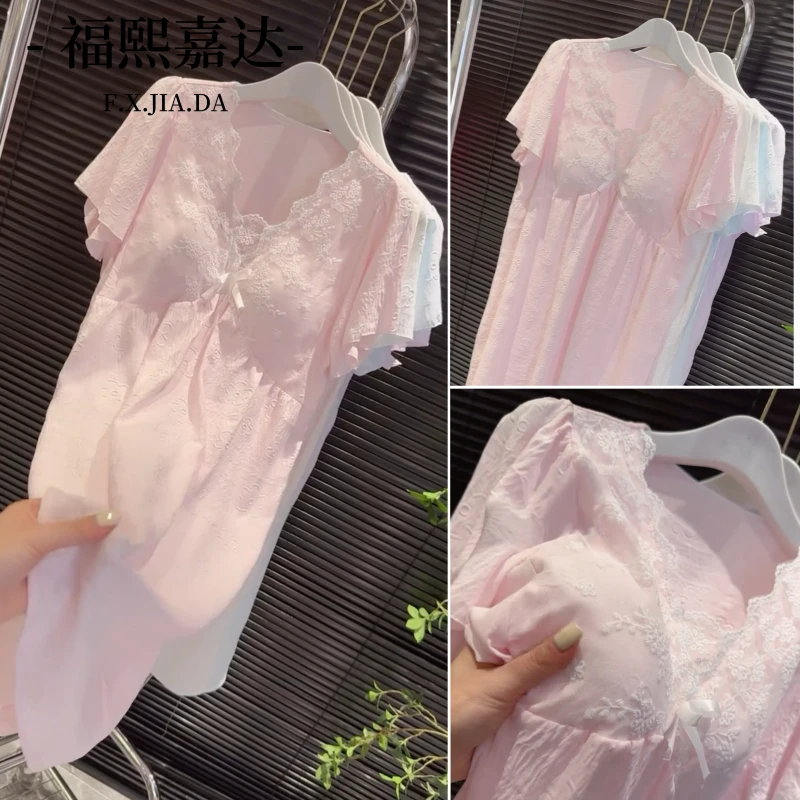 夏季新款短袖蕾丝压花公主甜美v领睡裙女士家居服自带胸垫可外穿