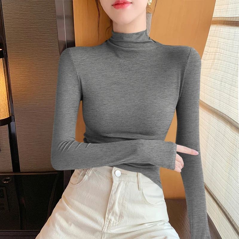 螺纹半高领打底衫女内搭秋冬新款修身加绒长袖高品质感保暖上衣t