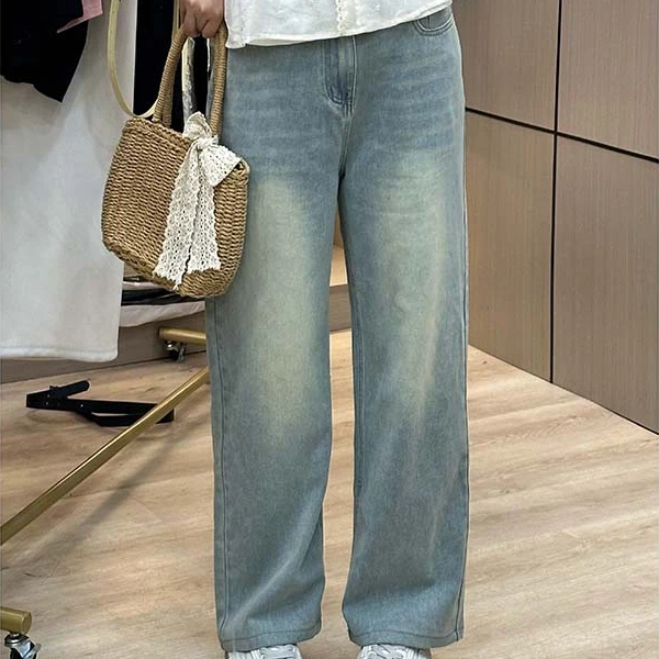 大码春秋复古浅蓝色高腰水洗休闲宽松时髦百搭显瘦直筒长裤1288#