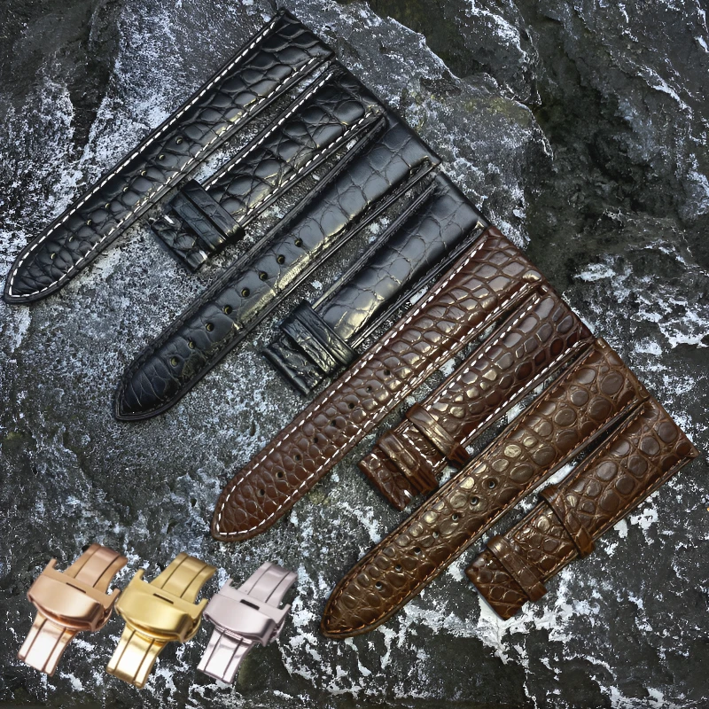 保真美洲鳄鱼皮表带适配各品牌手表黑色高端真皮男女平口通用20mm