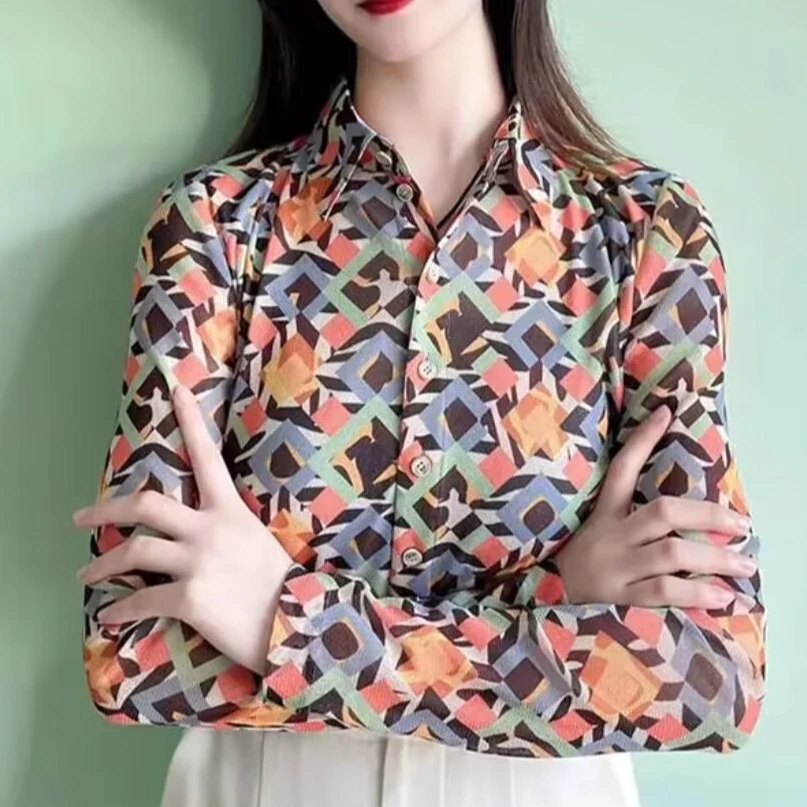 【商场同款】网红弹力网纱打底衬衫春秋季长袖翻领修身衬衣1300782