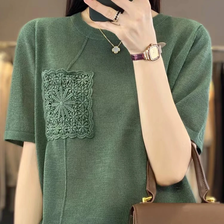 竹节麻钩花口袋圆领短袖上衣百搭A828