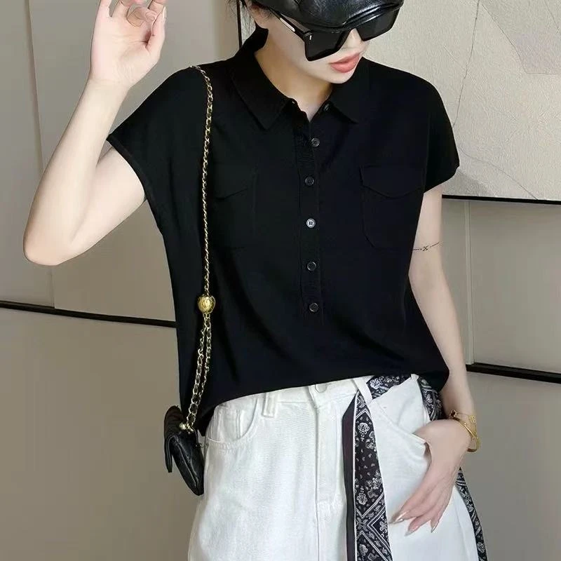 (清）高级感纯色翻领口袋半纽扣针织衫-S86