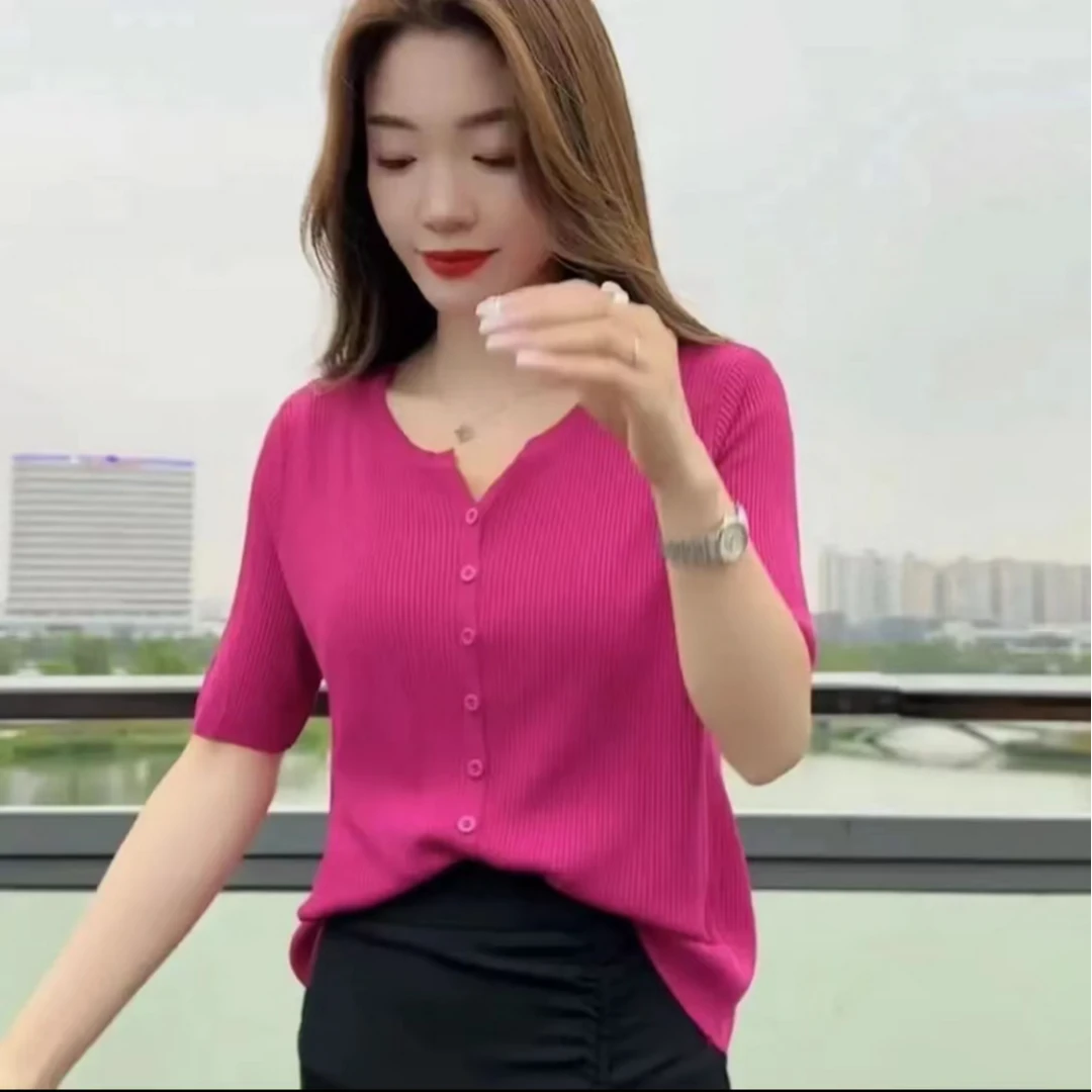 时尚小V领短袖开衫针织衫夏季新款显瘦打底衫气质洋气小众上衣潮