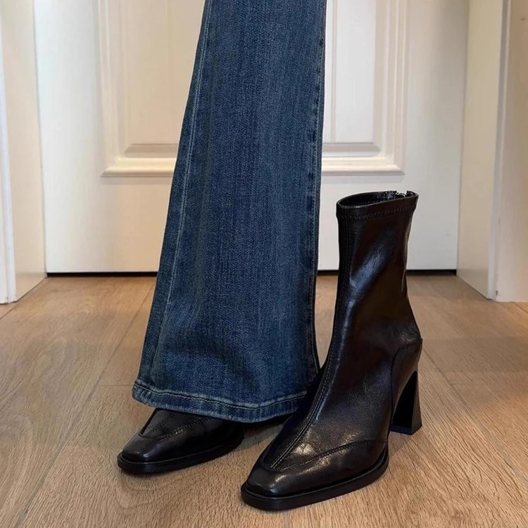 牛皮版~韩系黑色粗跟方头小短靴复古弹力瘦瘦靴女后拉链高跟单靴