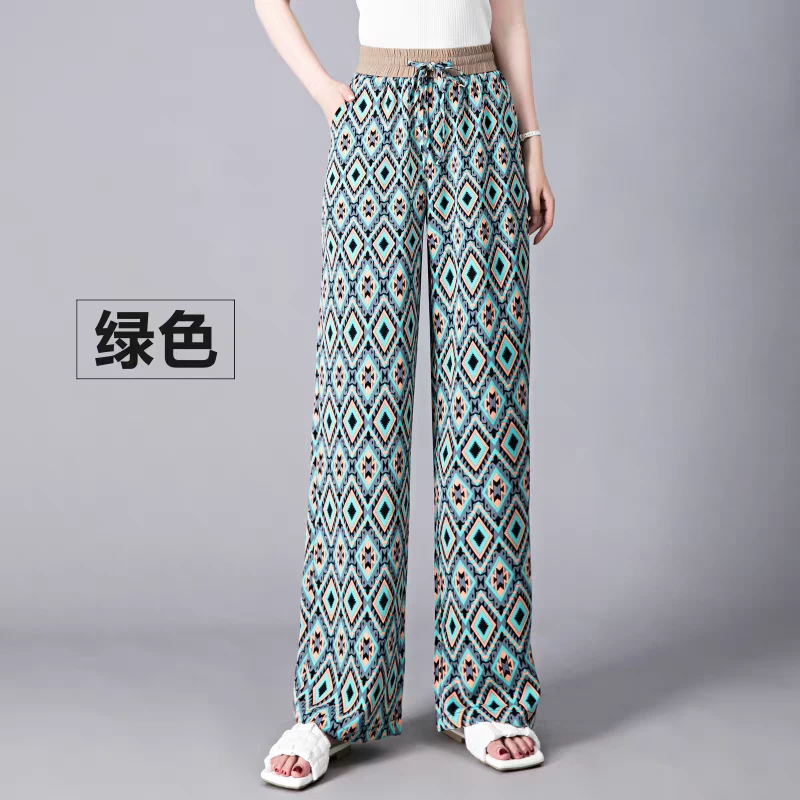 复古菱形格子印花冰丝雪纺阔腿裤女夏垂感拖地防蚊直筒度假休闲裤