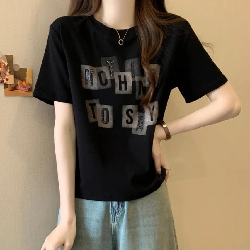 纯棉短袖T恤女2025夏季新款烫钻修身显瘦时尚休闲百搭短款上衣潮