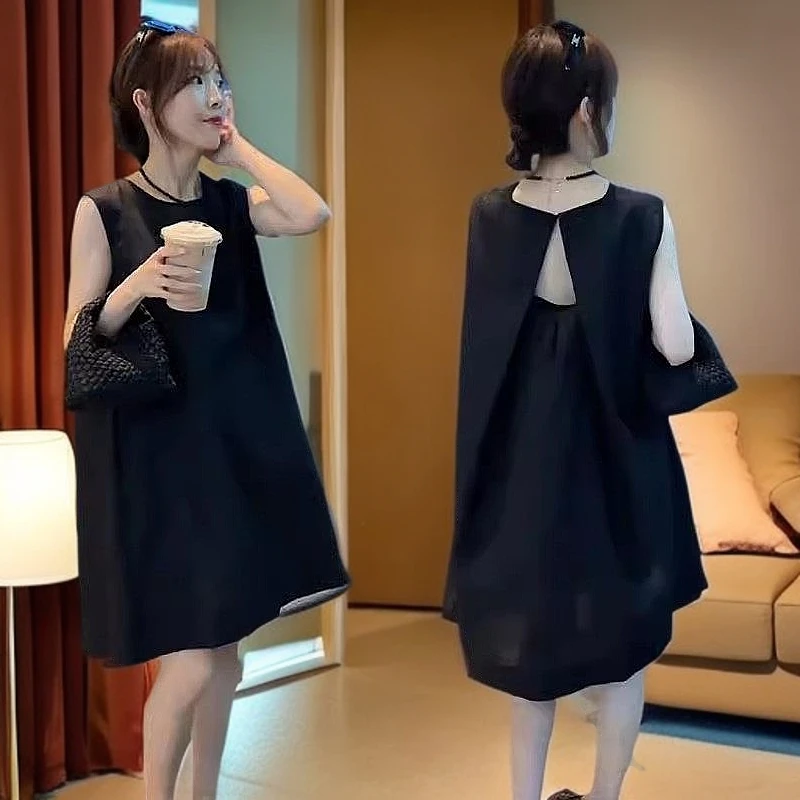 韩系高级感宽松显瘦纯色后背镂空露背无袖连衣裙女夏季直筒背心裙