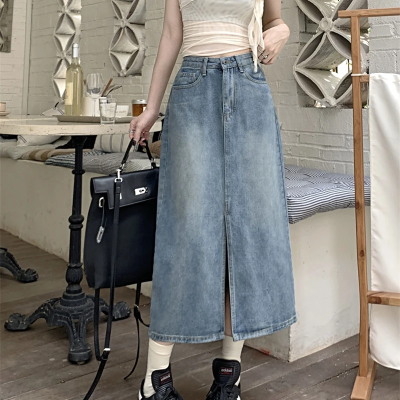 牛仔半身裙女高腰2025新款复古直筒宽松显瘦加宽a字中长款8381