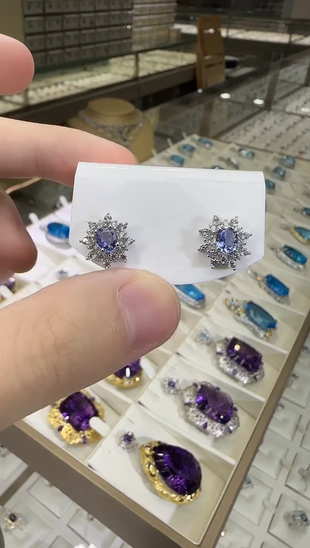 银S925镶嵌耳饰坦桑石6mm耳钉烟花