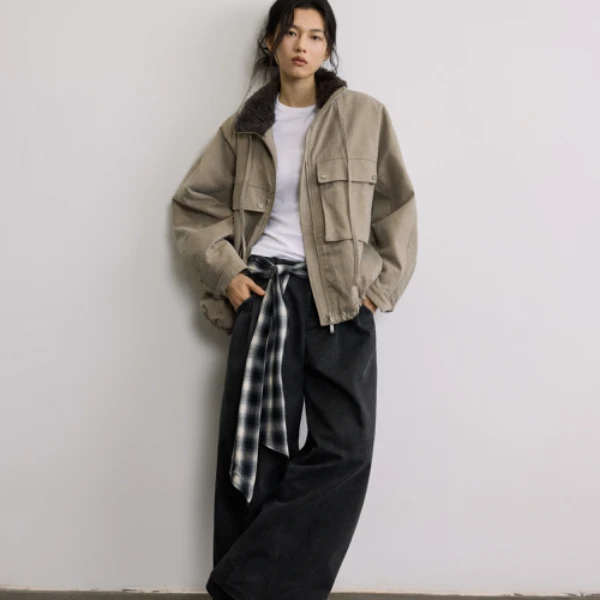 same flow立领毛绒棉服抽绳设计工装口袋设计冬日氛围保暖外套