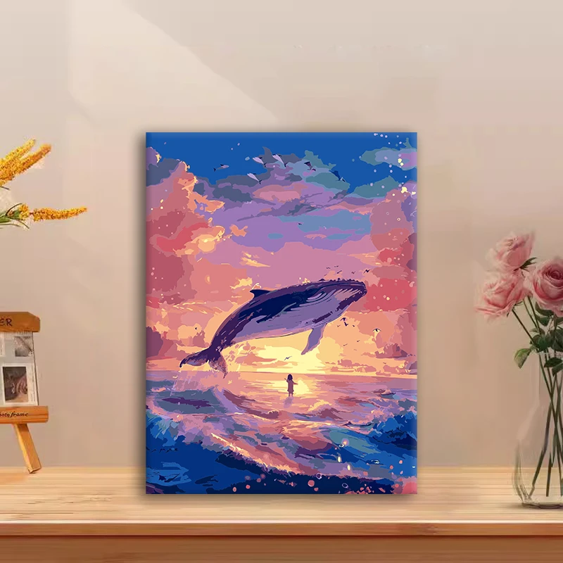 (鲸鱼大海）diy数字油画红线条手工填涂色解压治愈丙烯装饰画