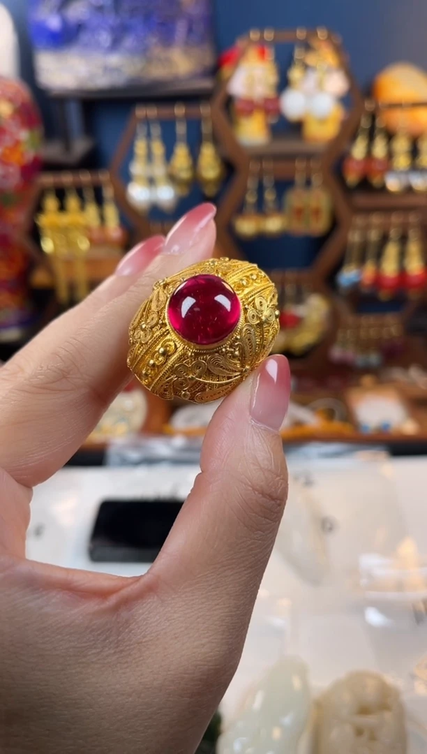 淼**水，红色珐琅景泰蓝戒指