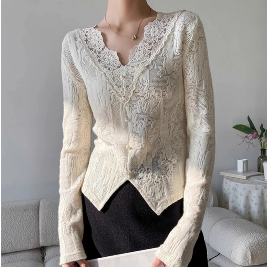 v领蕾丝打底衫女2025新款5高级感内搭叠穿长袖网纱上衣外穿9006
