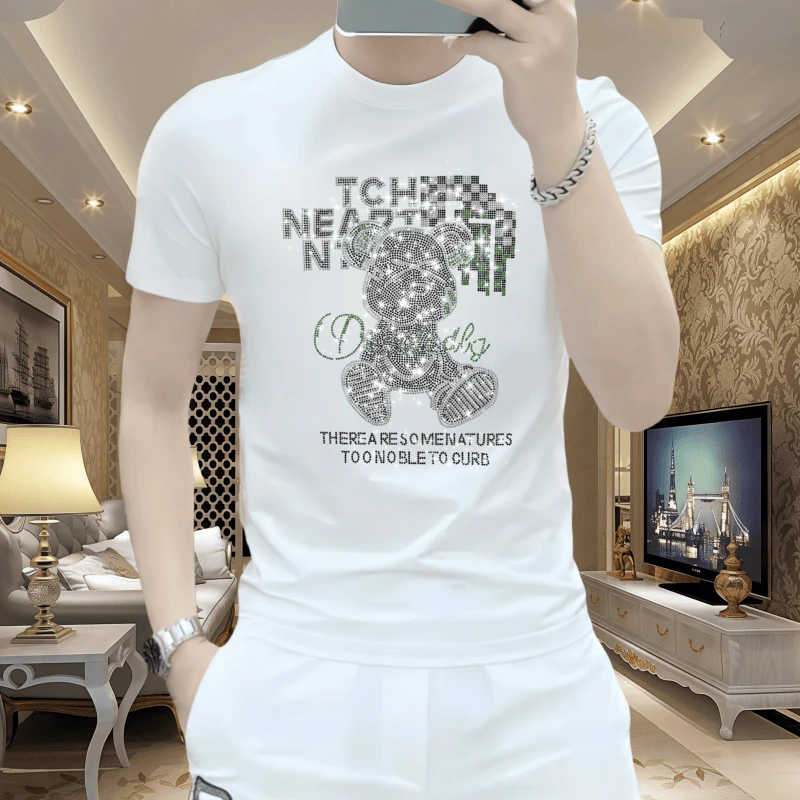 圆领修身短袖夏季潮流烫钻T恤男士时尚休闲百搭帅气冰丝透气轻奢T