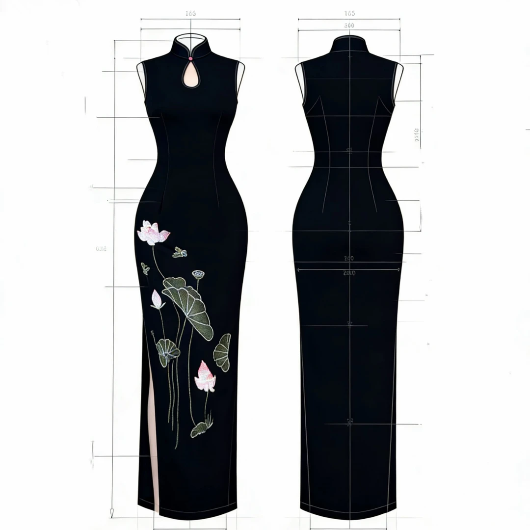 秋辞香~淡荷 弹力黑色针织无袖国风刺绣新中式改良旗袍