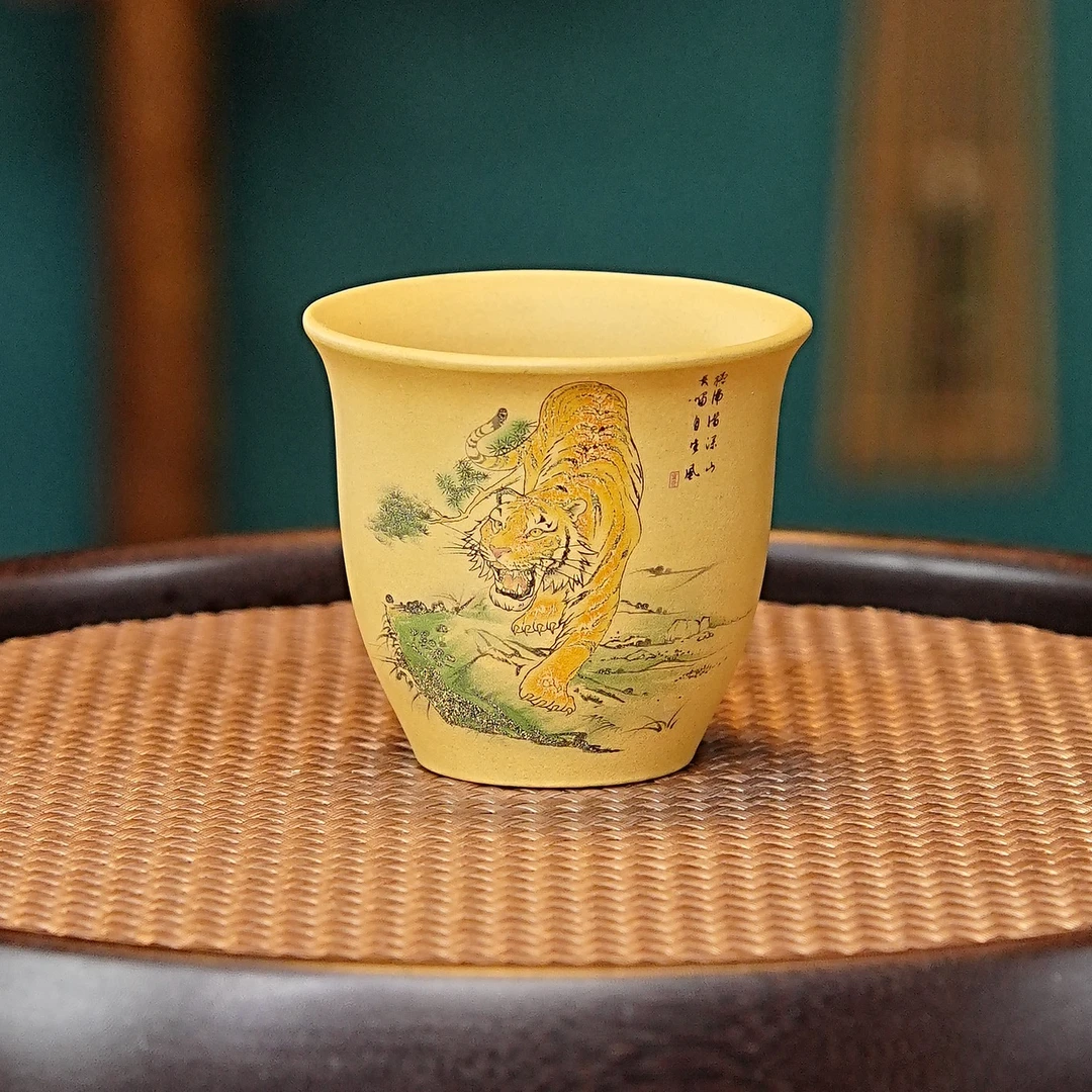 宜兴全手工紫砂茶具 原矿段泥泥料手绘老虎主人杯品茗杯