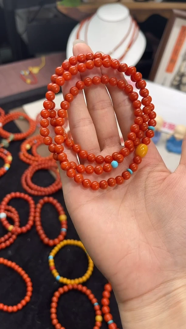 未镶嵌手串南红玛瑙南红三圈蜜蜡手串QF-C83（多样性发一）