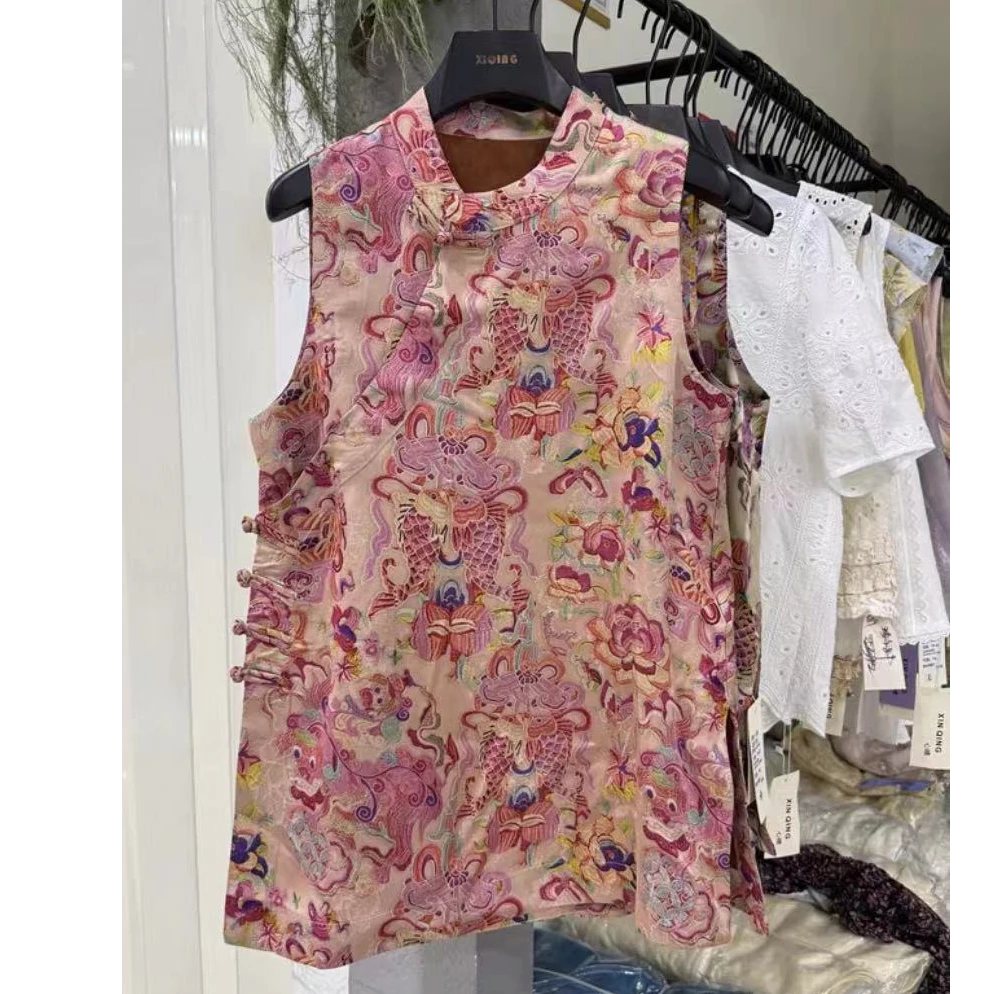 2025夏季新中式国风立领斜襟开叉提花印花上衣女款