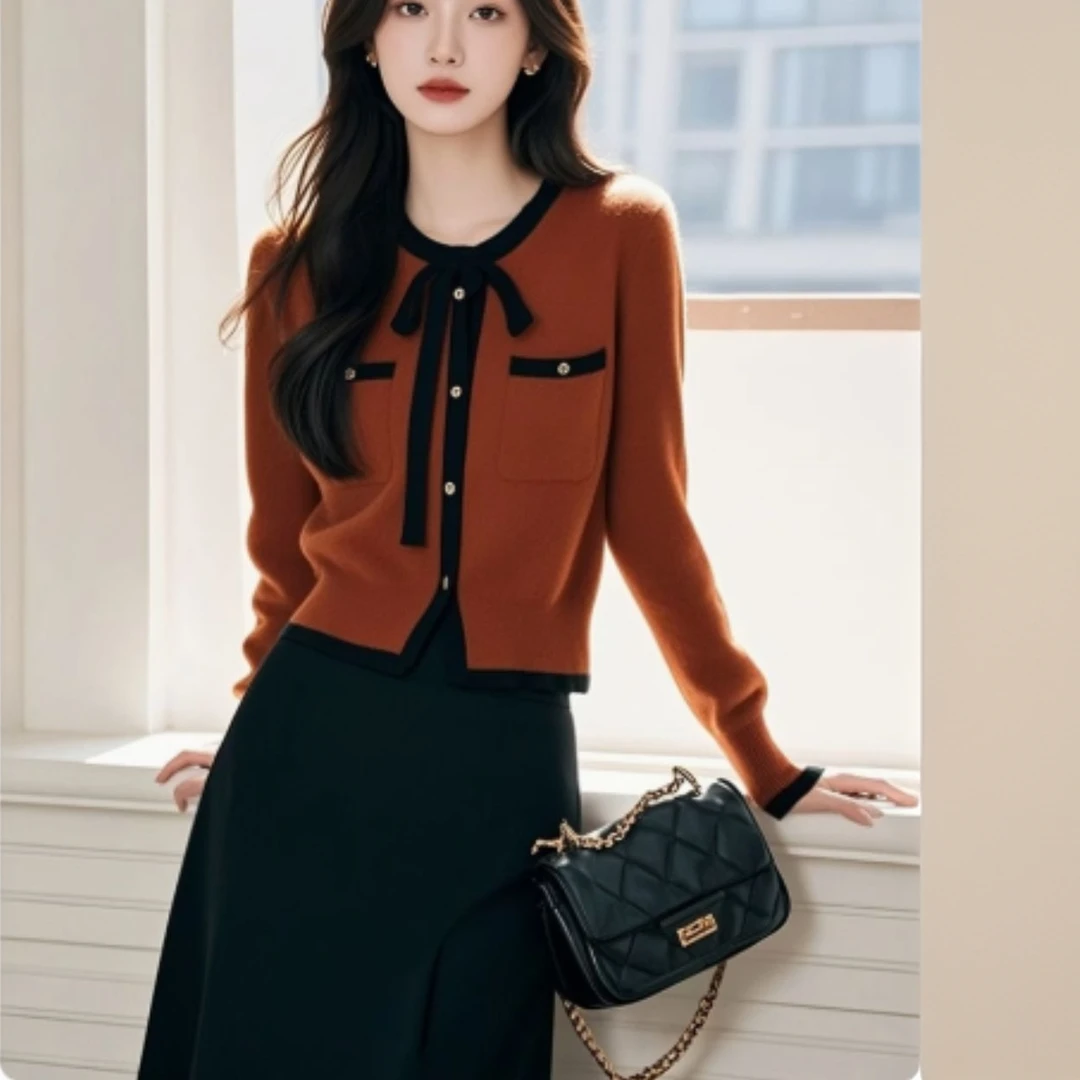 【时尚套装】春秋时尚小香风蝴蝶结针织衫高腰垂感半身裙X150+Q179