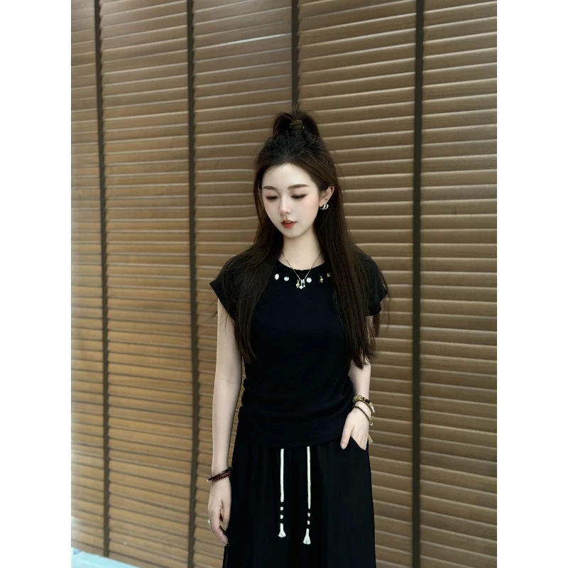 宿慕SUMU女装夏季休闲百搭短袖2025新款5-23显瘦气质T恤B1908U