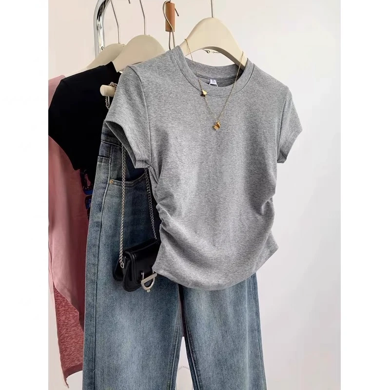 小个子夏季正肩修身短袖新款T恤女显瘦体恤短款纯棉灰色打底上衣
