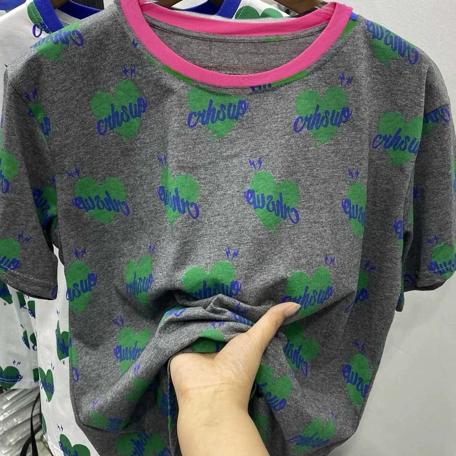 A6018拼色圆领灰色印花欧货女款棉感短袖夏季休闲T