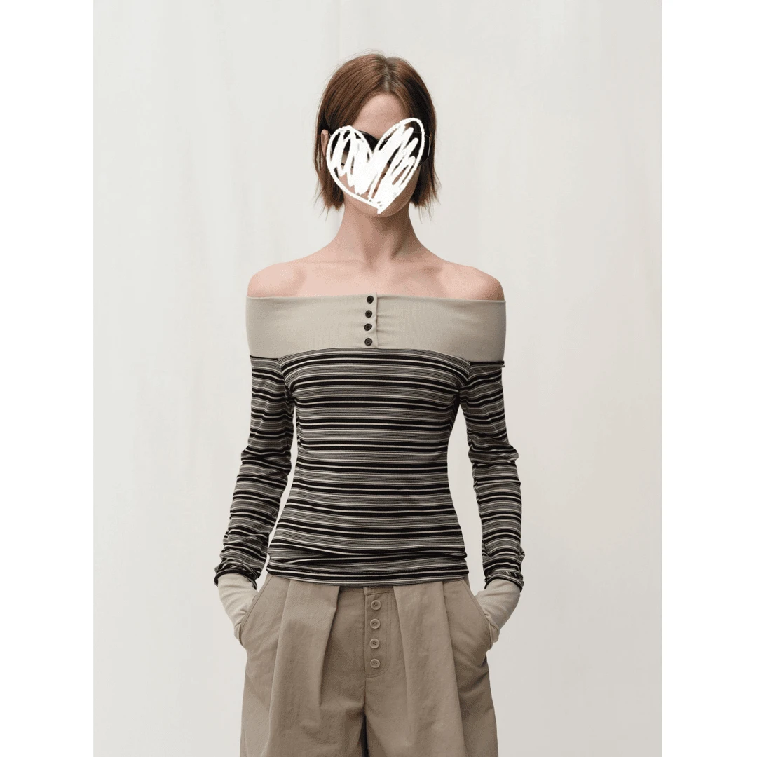 针织衫女时髦炸街辣妹风穿搭条纹印花小个子性感露肩设计长袖上衣