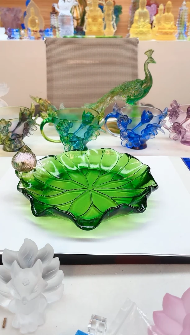 手工艺品琉璃绿色荷叶杯碟17公分
