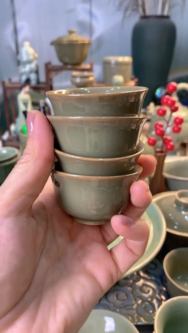 耀州窑【微瑕】黑泥素面小茶杯4只