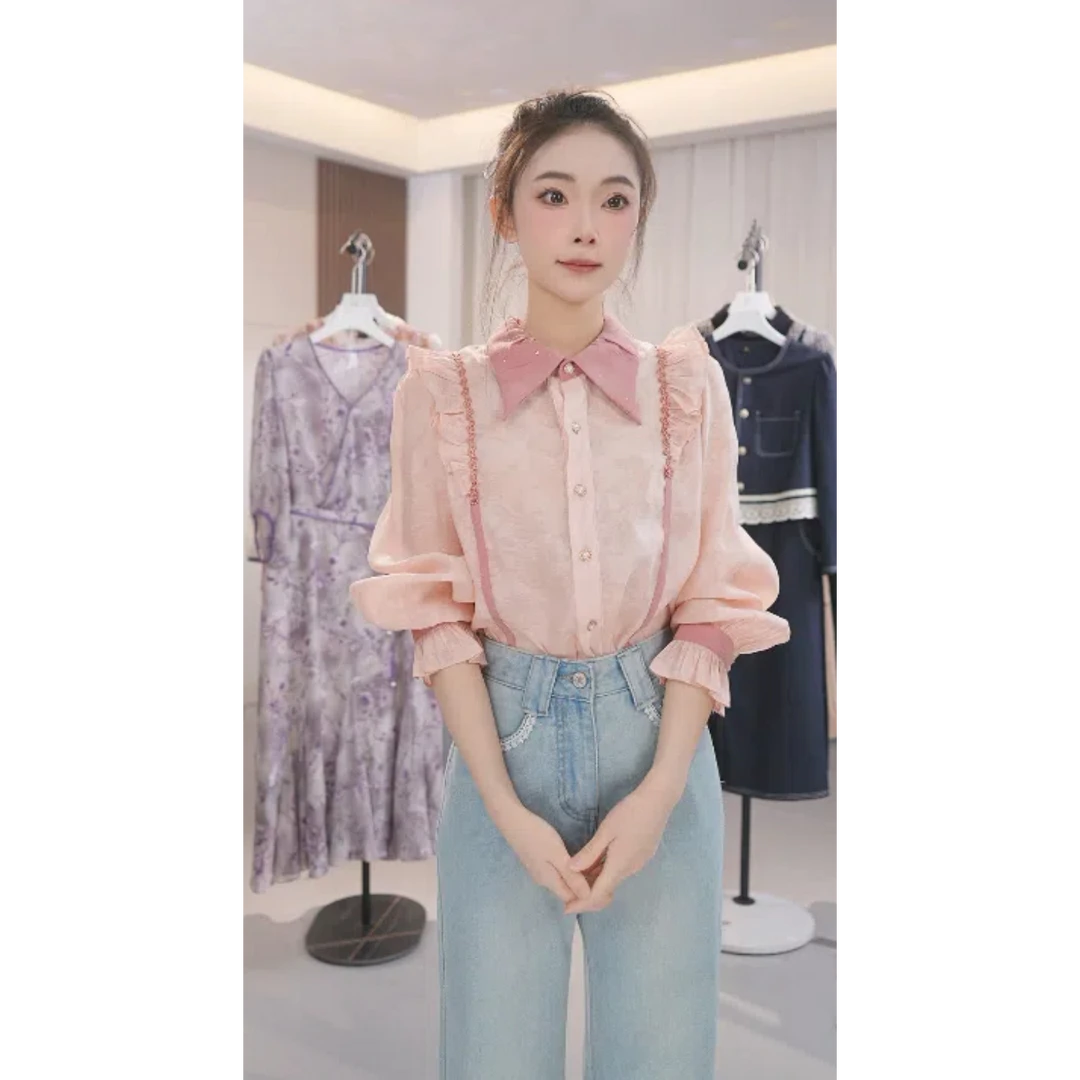 X复古港风荷叶边桃粉色衬衫女上衣飞飞袖衬衣