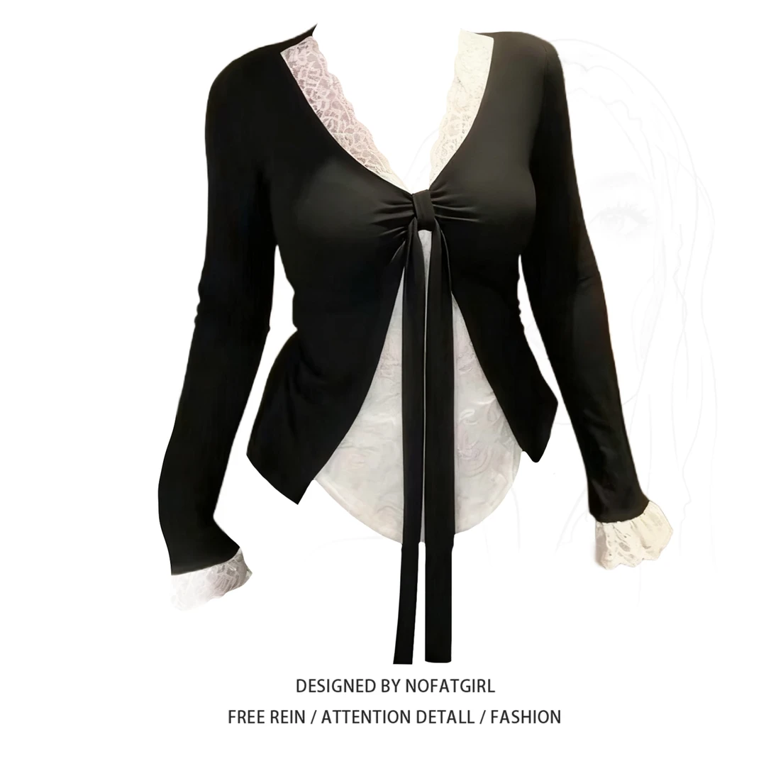 大码胖MM纯欲蕾丝拼接V领长袖T恤女秋季黑色绑带显瘦修身性感上衣