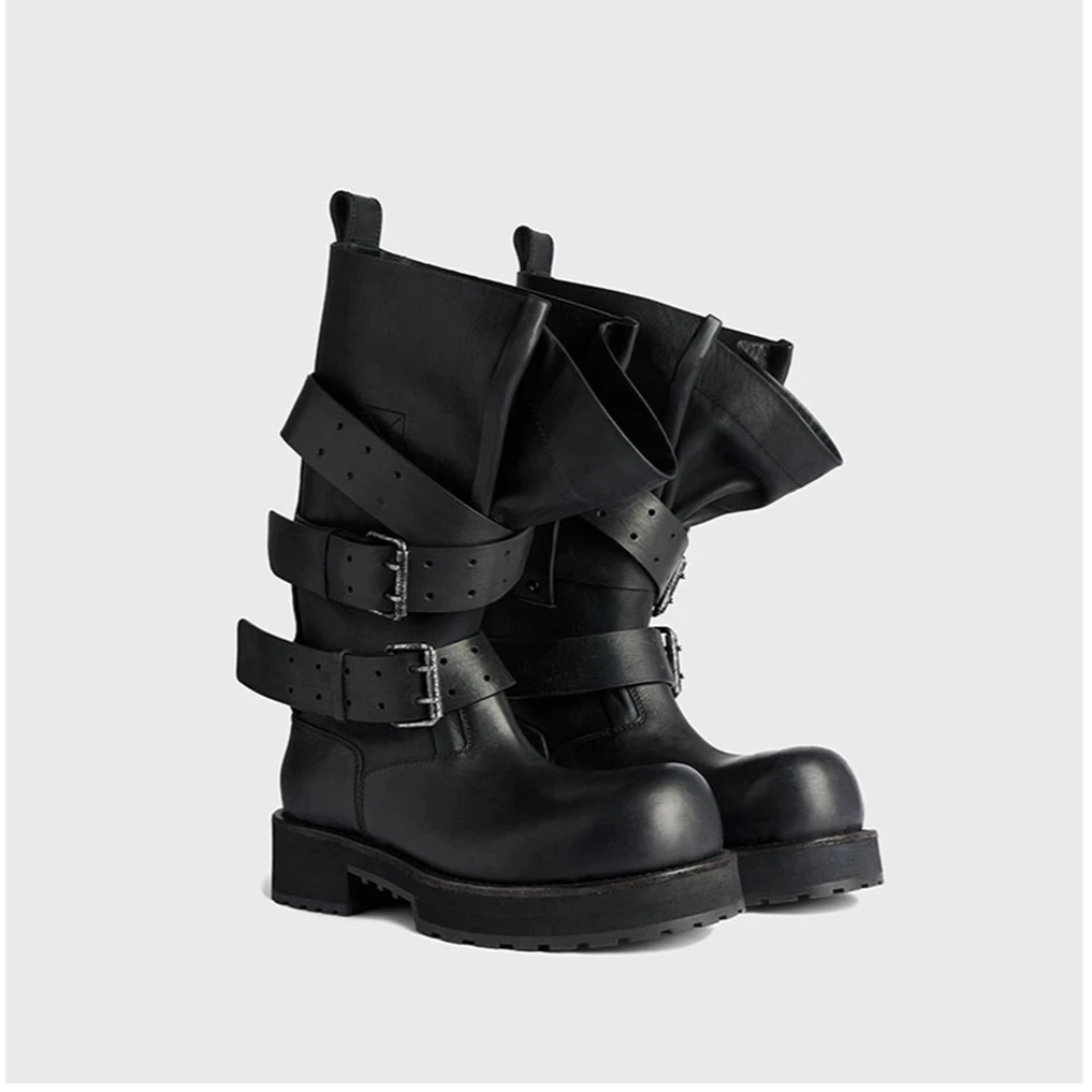 毒液靴皮带扣新款束口大筒围厚底增高机车靴朋克风时尚圆头暗黑风