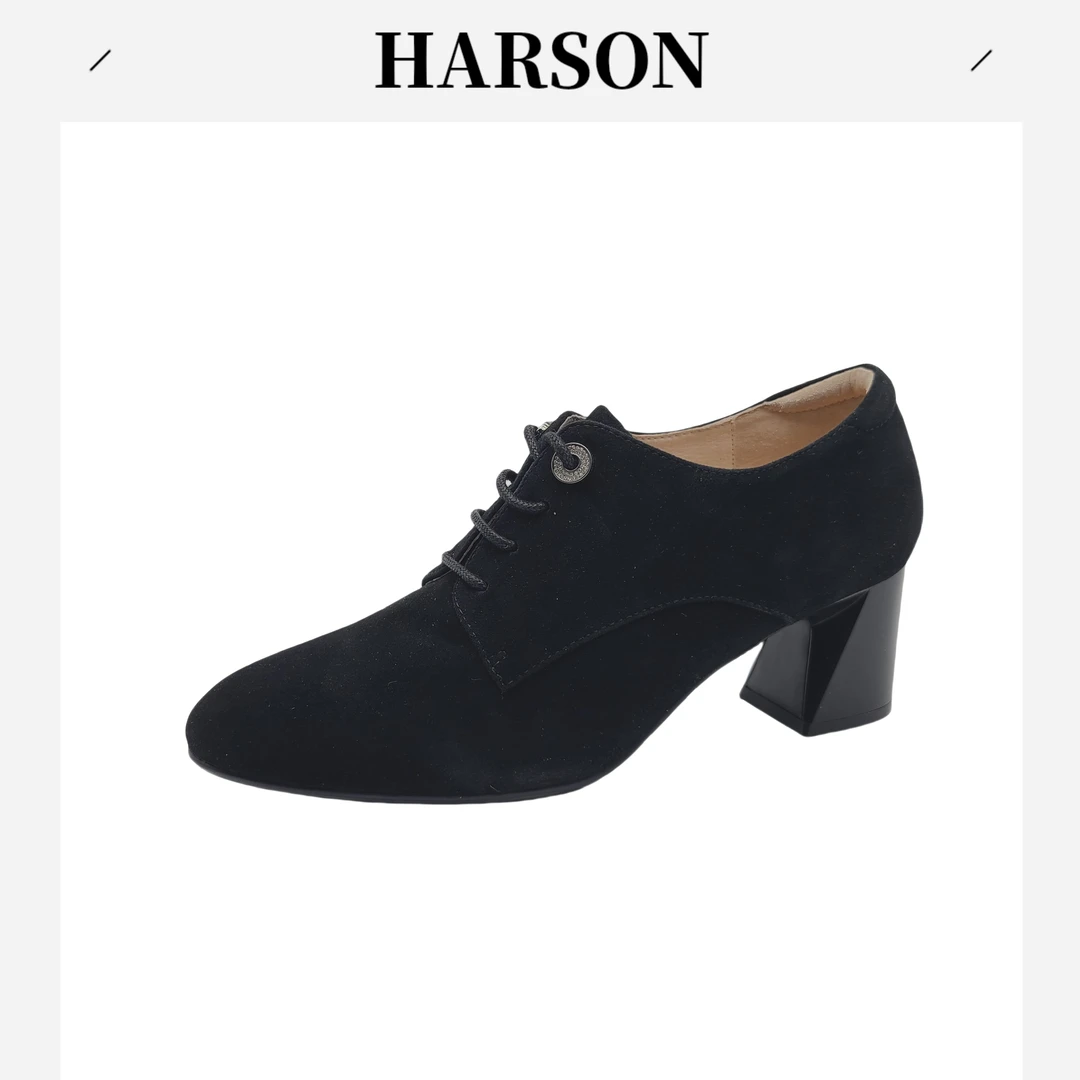 Harson/哈森高跟尖头秋季深口单鞋跟鞋黑色女鞋时尚圆头227105