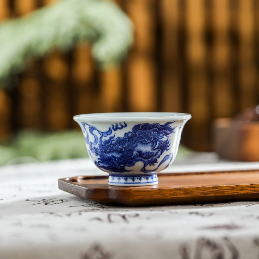 〖瑶瑶甄选〗刘建锋窑唐双狮压手杯手工手绘景德镇陶瓷茶器品茗杯