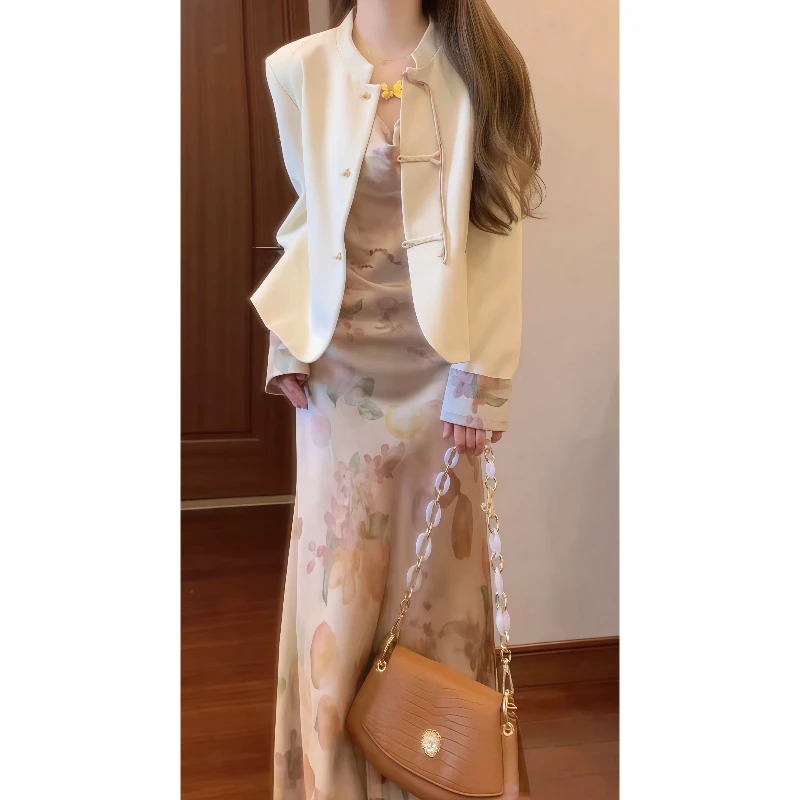 秋季新中式国风盘扣乳白色外套&奶油色花色吊带连衣裙套装9041
