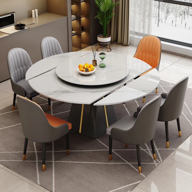 可伸缩语音智能电动餐桌岩板餐桌椅方圆两用带伸缩电磁炉桌吃饭桌