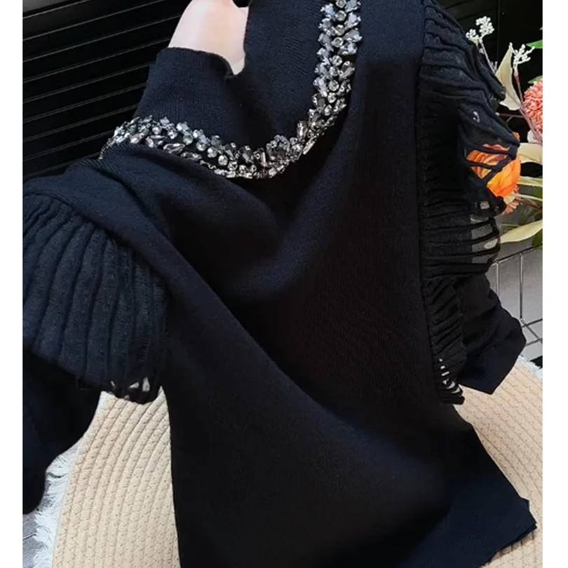 高级感甜美荷叶边亮片装饰立领毛衣女2025秋冬港风气质显瘦针织衫