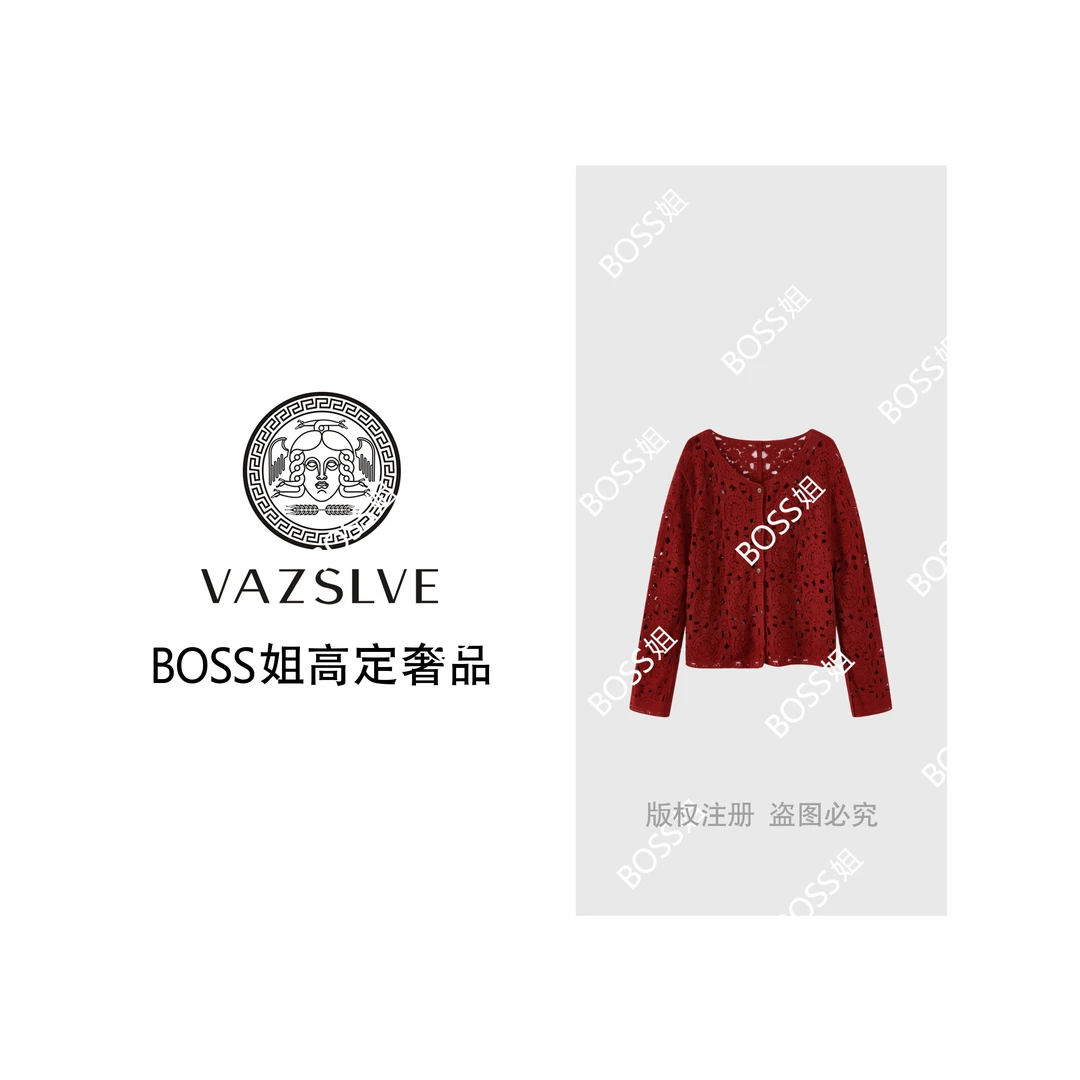 AOSER时尚百搭洋气镂空针织女酷飒风女装高级感长袖红色短款17358