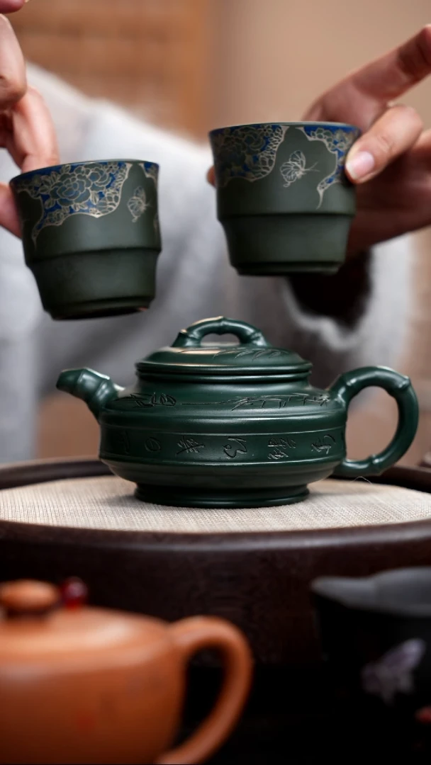 【闪购商品】紫砂茶壶老绿泥双线竹鼓刻字+2杯014