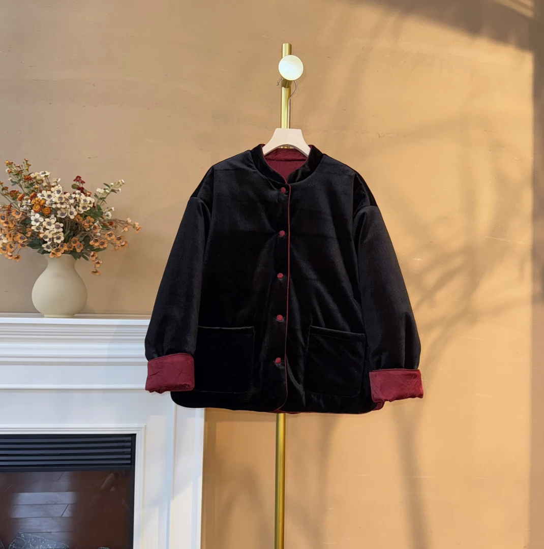 [唯爱]Q233冬季新中式宽松双面穿丝缎棉外套女国风复古女装