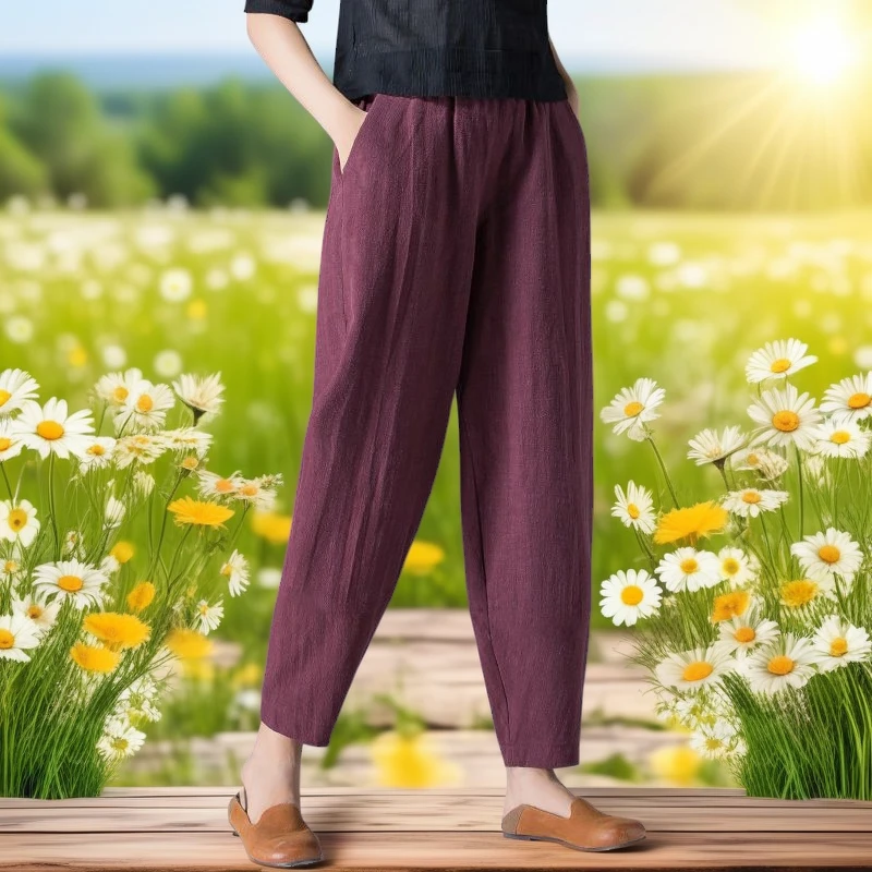 【现货+运费险】宽松棉麻哈伦裤休闲裤松紧高腰夏季薄款九分裤