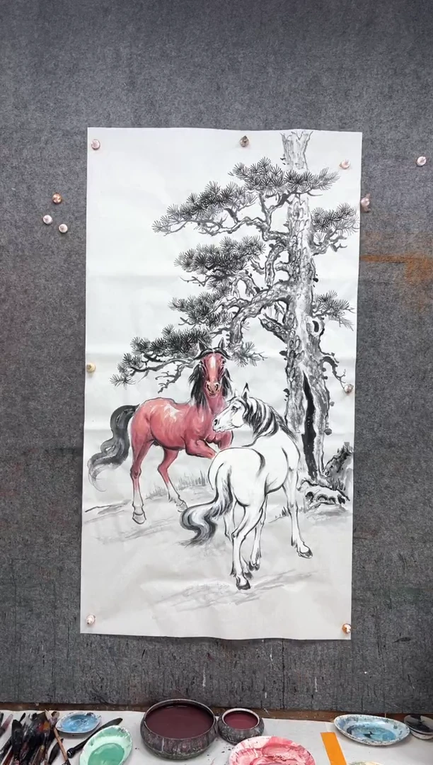 国画古松双骏  带收藏证书