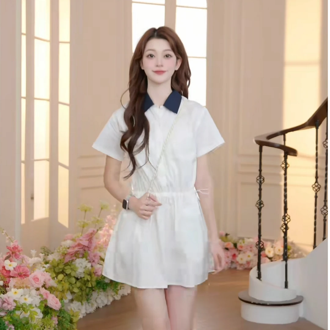 SPAO2025夏季新款抽绳收腰撞色拼接polo领短袖连衣裙女SPOWF49W83