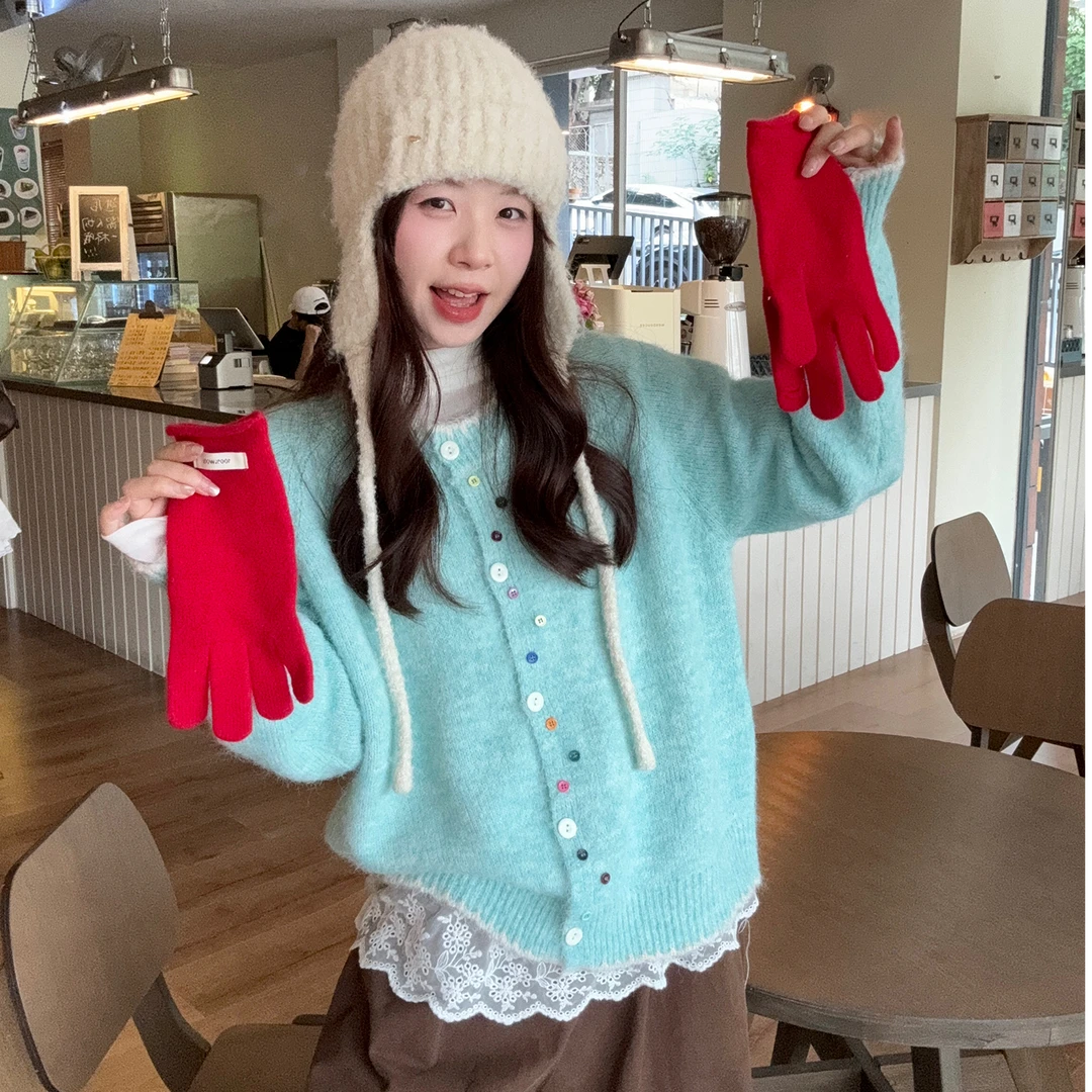 温柔风小众长袖毛衣开衫女秋季韩系宽松蓝绿色上衣外搭针织衫外套