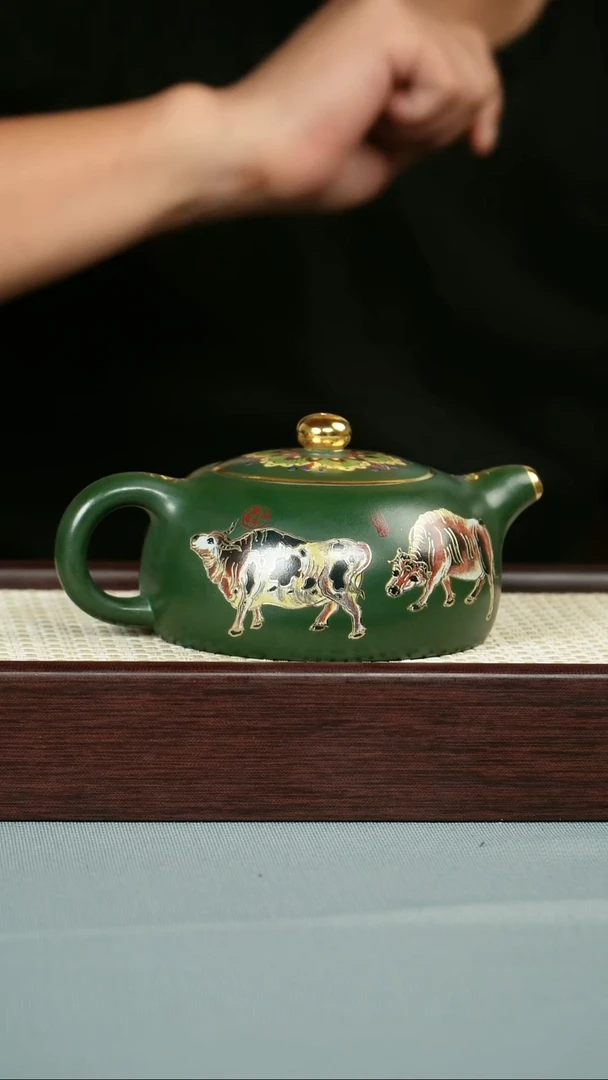 茶壶紫砂 金丝七彩珐琅 景州绿泥 半月