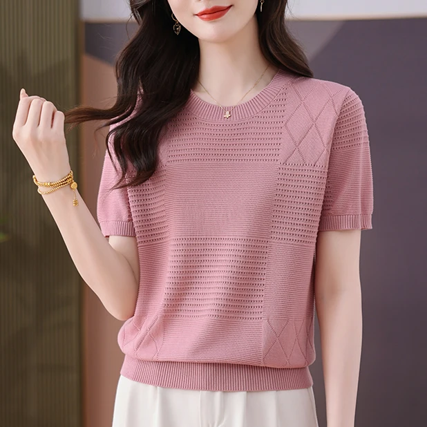 宽松短袖夏季渐变色针织衫毛针织衫时尚女装洋气夏季镂空中年