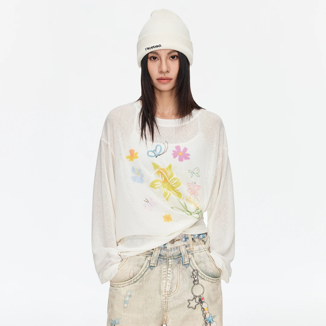 NICEBAD(原WORKSOUT)花卉直喷发泡印花图案长袖罩衫